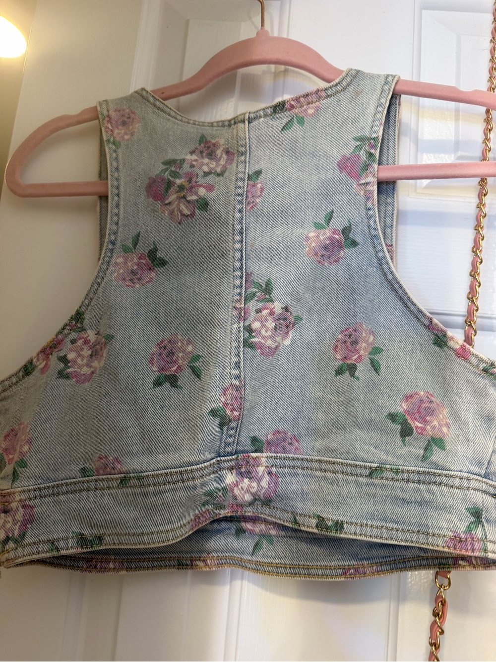 wild fable Light Blue Denim Floral Crop Top with Pink Roses